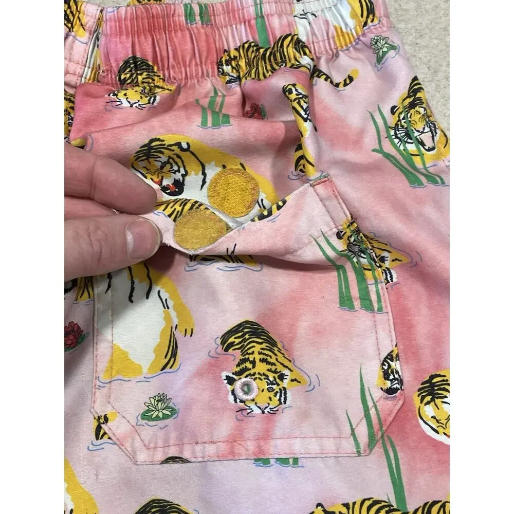Ambsn Tiger Print Board Shorts Swim Trunks Size Small Drawstring Pink/Yellow